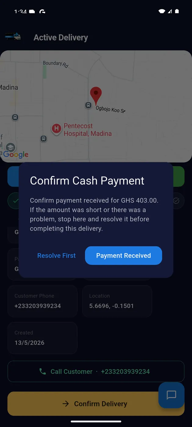 AguaDash active delivery screen showing delivery confirmation and payment modal.