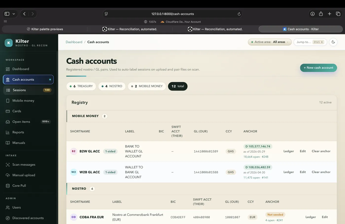 Kilter cash accounts registry screen with financial records and balances.