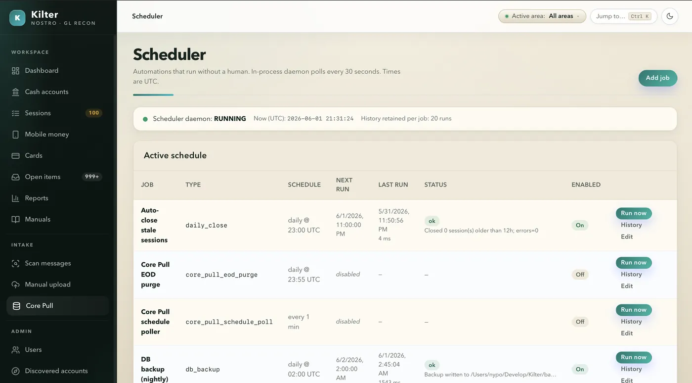 Kilter scheduler screen showing automated jobs and status.